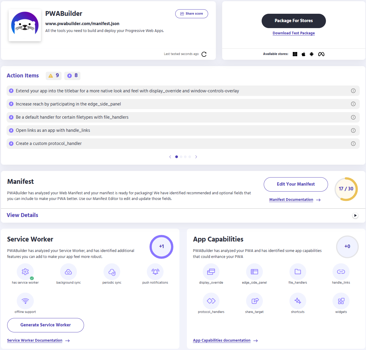 An example PWA Report Card