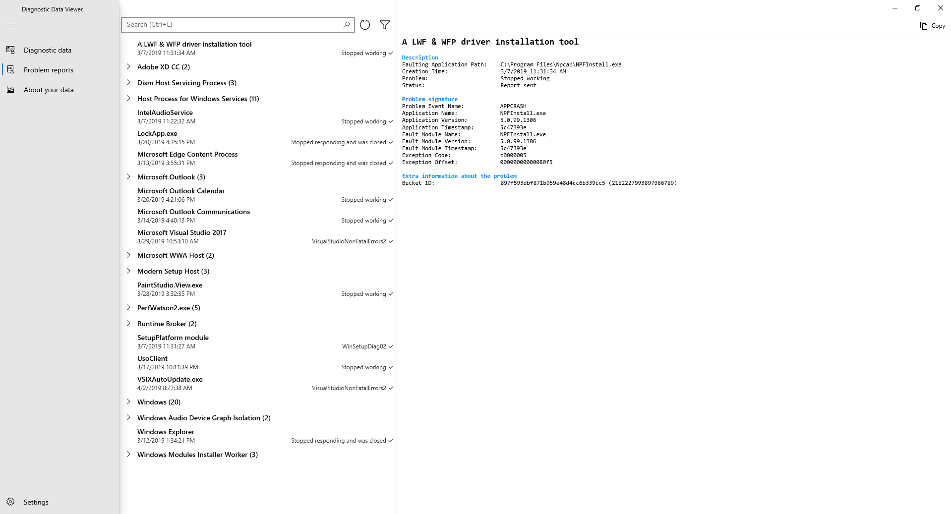 Screenshot of the "Problem reports" section of the Diagnostic Data Viewer.