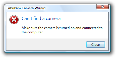 Screen shot of message: Can't find a camera