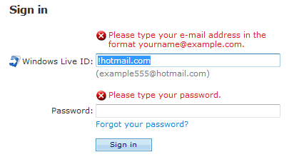 screen shot of message: incorrect e-mail address