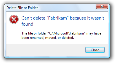 screen shot of message: can't delete fabrikam file