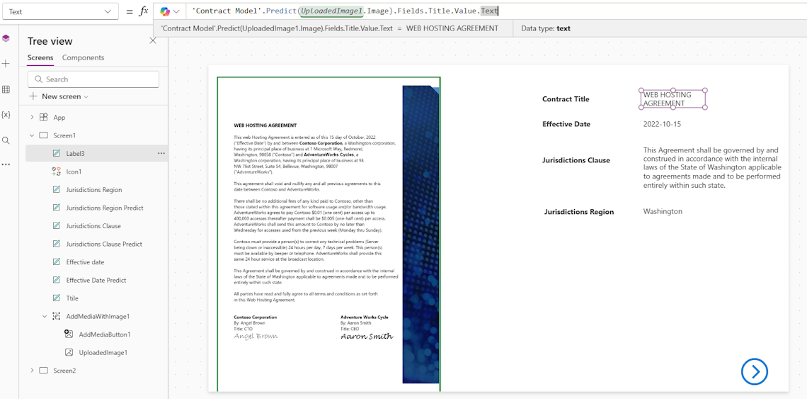 Captura de pantalla de un campo de texto de título para un documento de contrato.