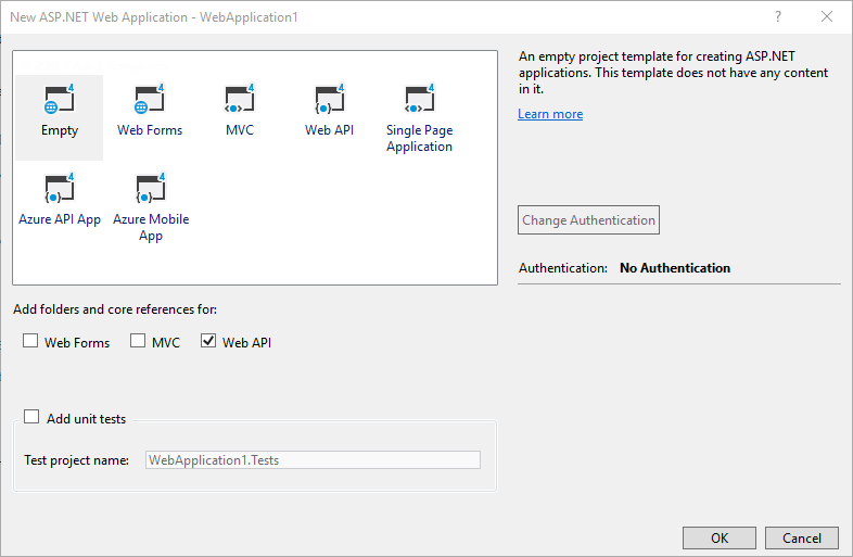Captura de pantalla del diálogo Nuevo proyecto de A S P punto NET, con la casilla Web A P I seleccionada para configurar automáticamente el código.