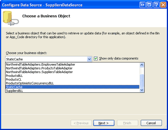 Configuración de ObjectDataSource para usar la clase StaticCache