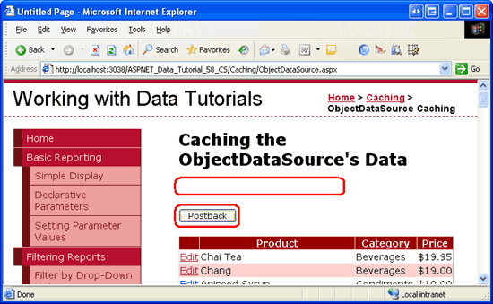 Hacer clic en el botón Postback hace que gridView se reconstruya a partir de su estado de vista