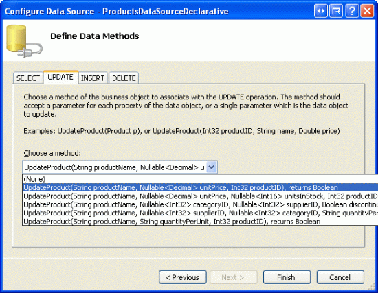 Utilice la sobrecarga UpdateProduct con tres parámetros de entrada