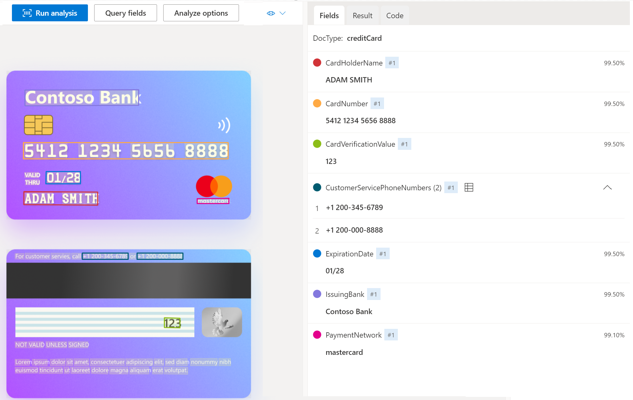 Captura de pantalla que muestra el análisis del modelo de imagen de tarjeta de crédito mediante Document Intelligence Studio.