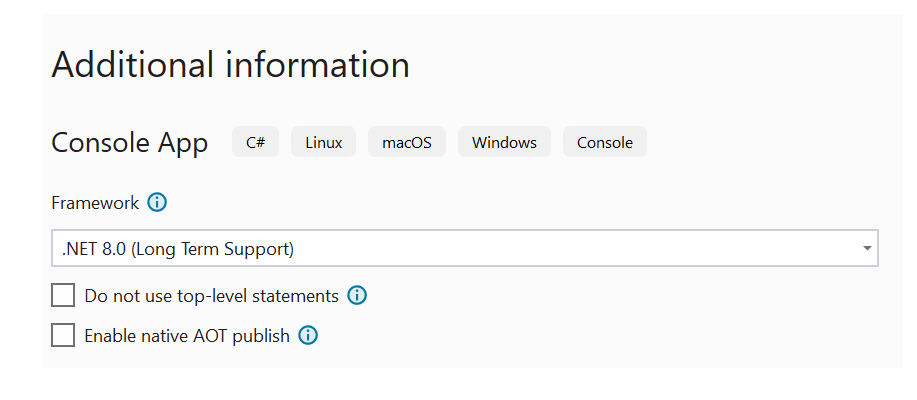 Captura de pantalla de la ventana de diálogo de información adicional de Visual Studio.