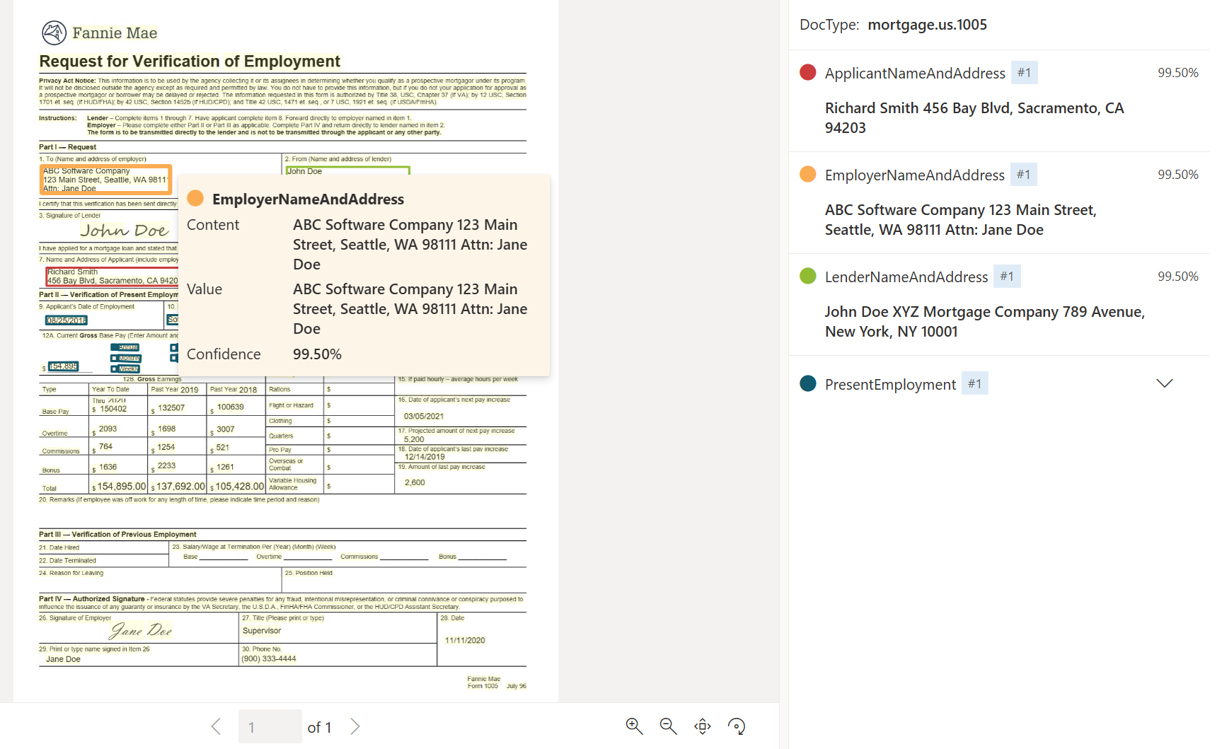 Captura de pantalla que muestra el análisis de modelos de documentos de US Mortgage 1005 mediante Document Intelligence Studio.
