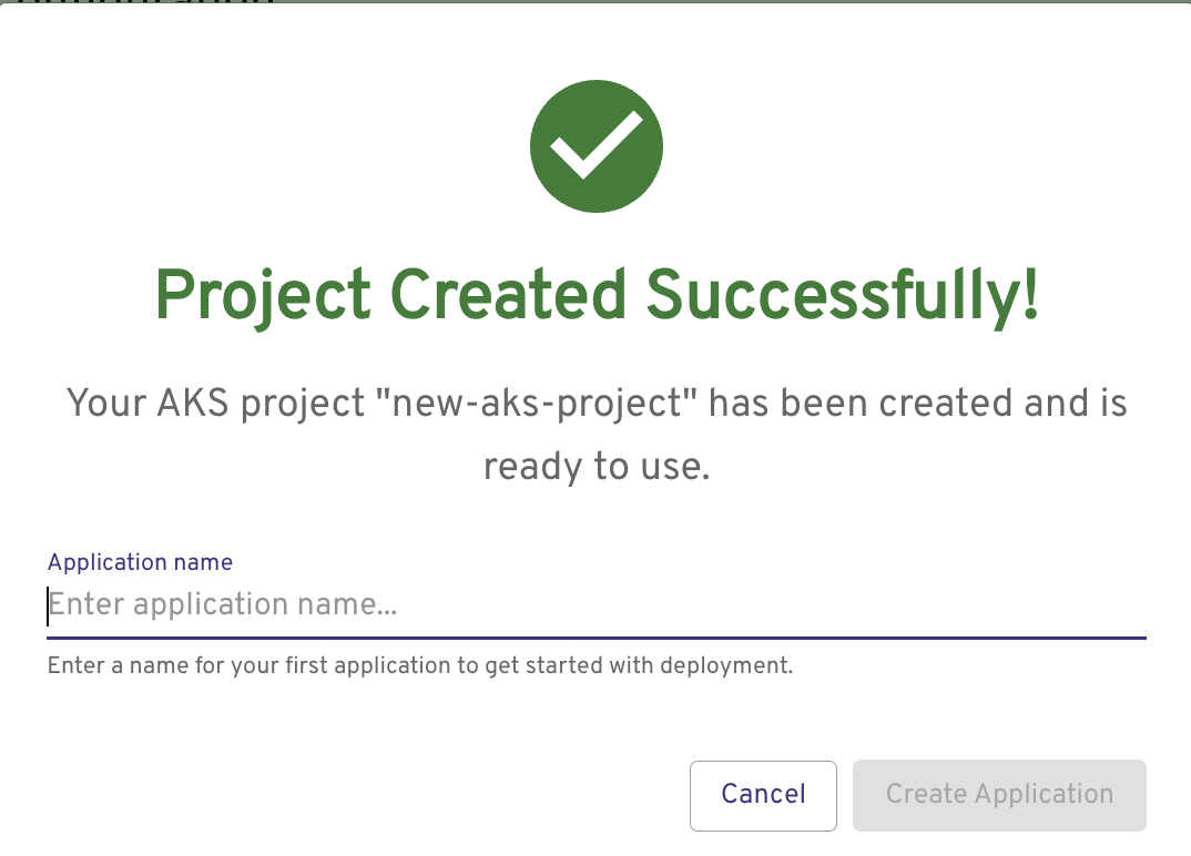 Captura de pantalla de la creación de una nueva aplicación en el escritorio de AKS.
