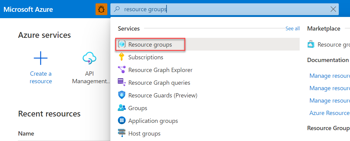 Captura de pantalla que muestra los grupos de recursos en la barra de búsqueda del portal.