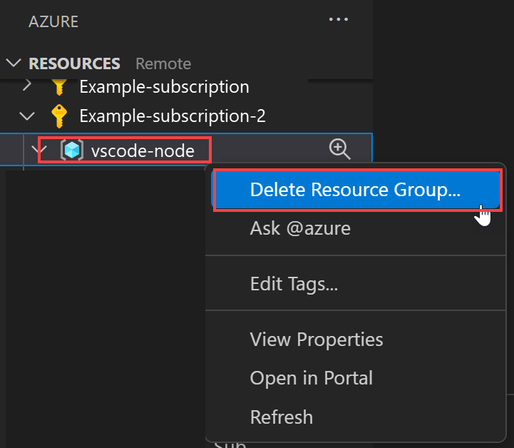 Captura de pantalla de la navegación de Visual Studio Code para eliminar un recurso que contiene recursos de App Service.