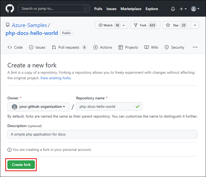 Captura de pantalla de la página Creación de una nueva bifurcación en GitHub para crear una nueva bifurcación de Azure Samples.