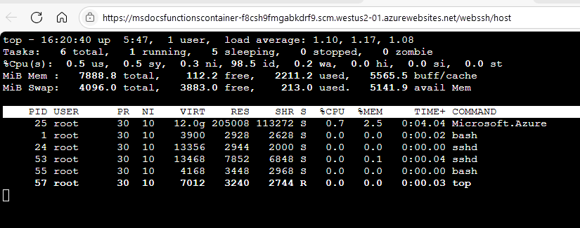 Captura de pantalla del comando top de Linux en ejecución en una sesión SSH.