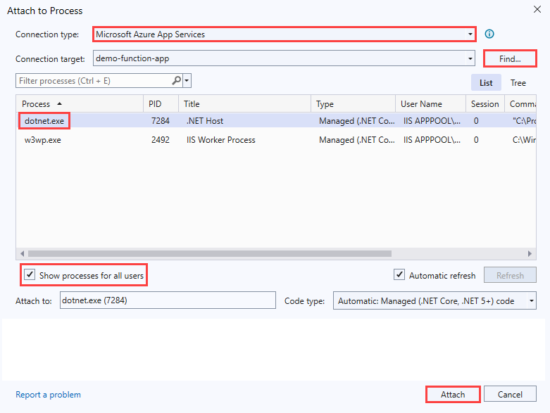 Captura de pantalla del cuadro de diálogo Asociar al proceso. El tipo de conexión es Microsoft Azure App Services. En la tabla de procesos, se selecciona dotnet.exe.