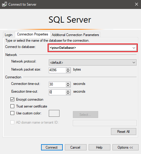 Captura de pantalla de la pestaña de opciones del cuadro de diálogo Conectar con el servidor en SQL&nbsp;Server Management Studio (SSMS).