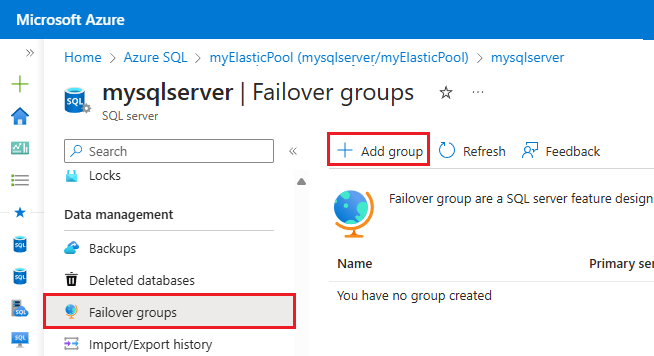 Captura de pantalla de la página Grupos de migración tras error en Azure&nbsp;Portal.