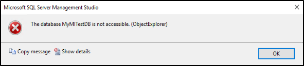 Captura de pantalla de un mensaje de error del Object Explorer de SSMS que lee 
