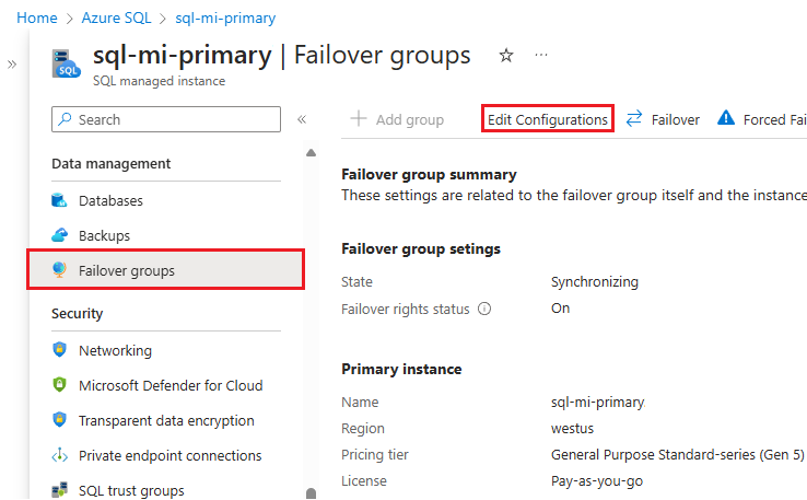 Captura de pantalla del panel del grupo de conmutación por error en el portal de Azure, con la opción Editar configuraciones resaltada.