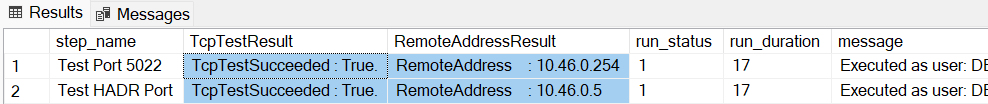 Captura de pantalla que muestra la salida con los resultados de la prueba en SSMS.