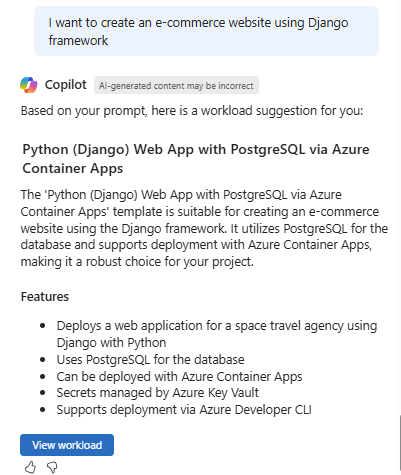 Captura de pantalla del ejemplo de una recomendación de plantilla de Azure Copilot.