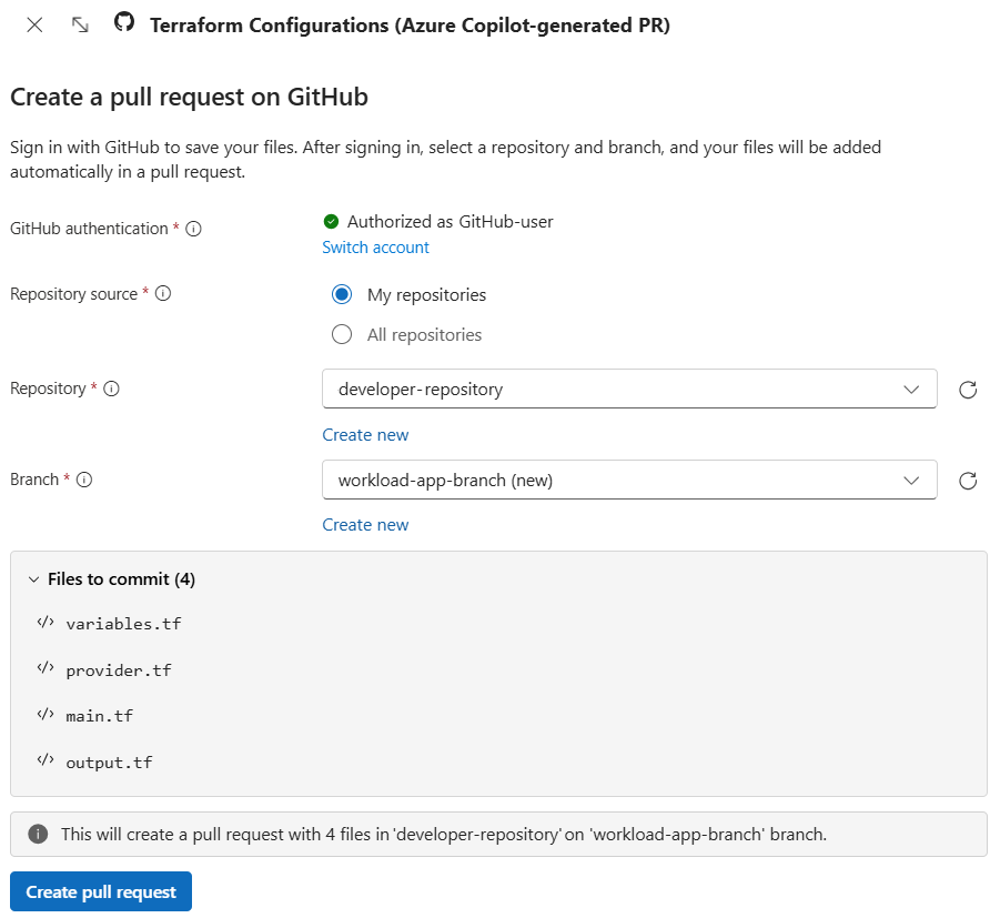 Captura de pantalla de Azure Copilot que crea una solicitud de incorporación de cambios en GitHub para agregar archivos generados.