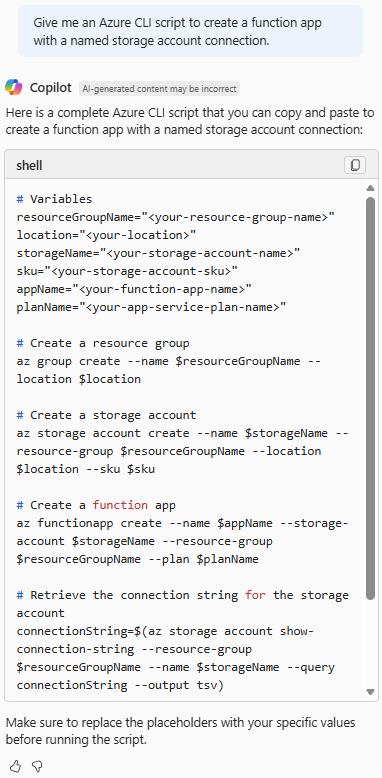 Captura de pantalla de Azure Copilot que proporciona un script de la CLI de Azure para crear una aplicación de funciones con una cuenta de almacenamiento conectada.