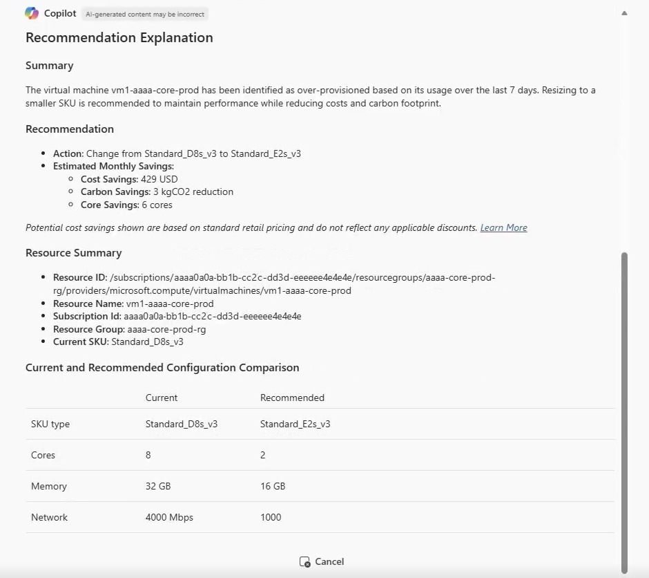 Captura de pantalla de Azure Copilot que proporciona una recomendación de optimización.