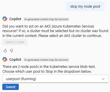 Captura de pantalla que muestra la respuesta de Azure Copilot a una solicitud para detener un grupo de nodos de AKS.