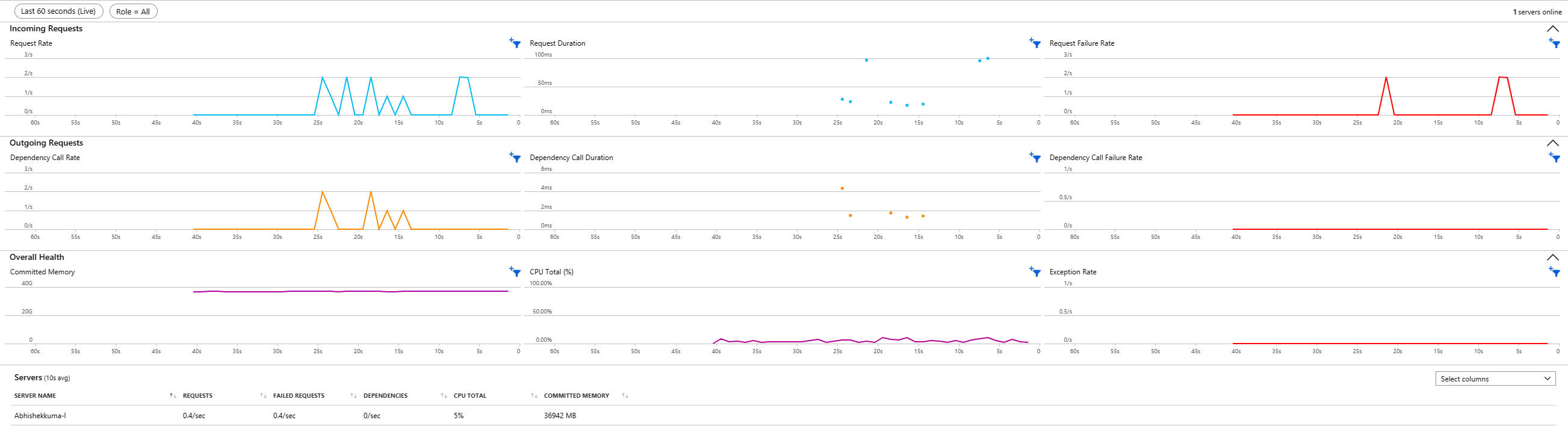 Captura de pantalla de la página de métricas dinámicas de los datos del generador de data API en Application Insights.