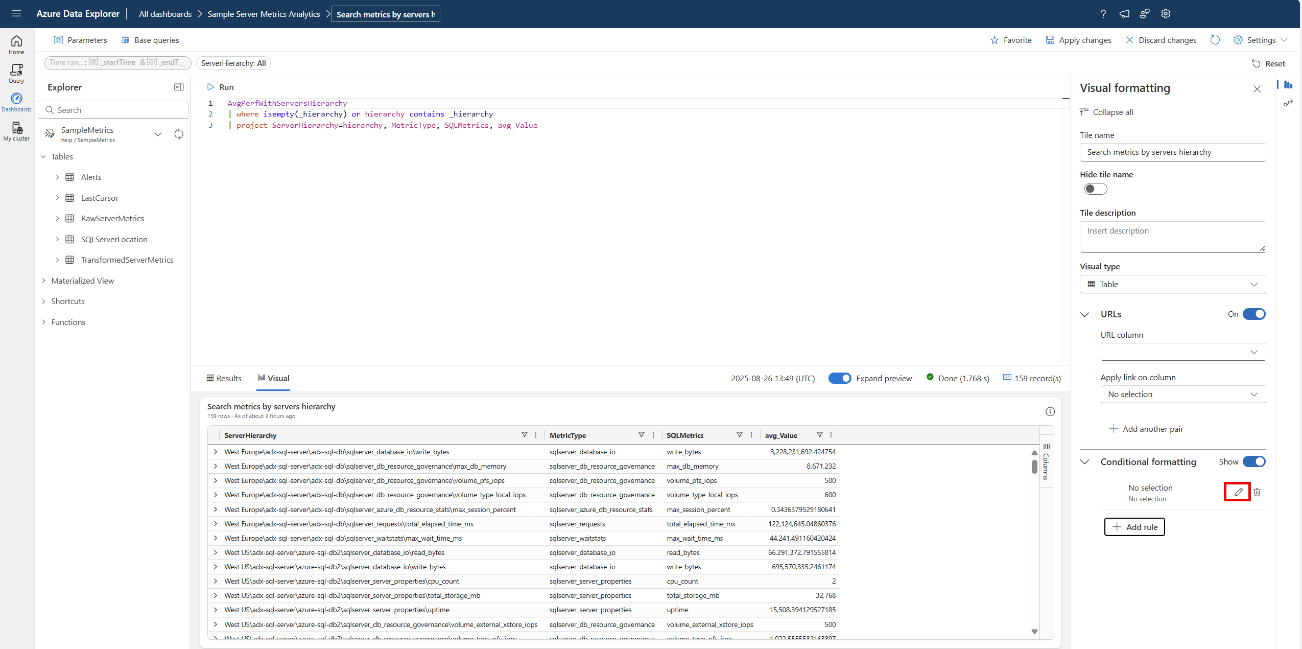 Captura de pantalla de la edición de una nueva regla en paneles en Azure Data Explorer.