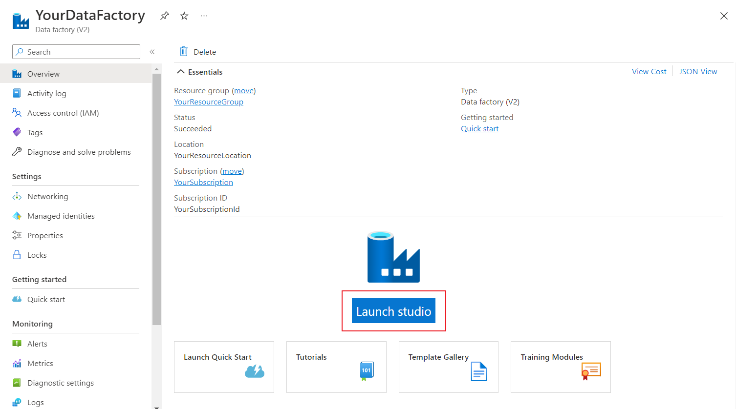 Screenshot del portal de Azure que muestra los detalles de la factoría de datos recién creada, con el botón para abrir Azure Data Factory Studio resaltado.