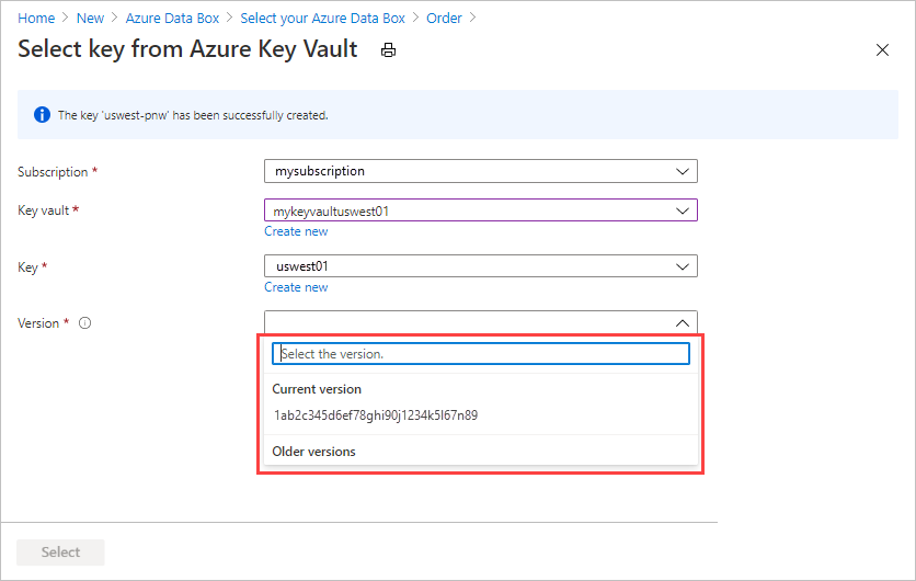 Captura de pantalla que confirma la creación de una nueva clave de Azure Key Vault que se usa para proporcionar una clave administrada por el cliente en la pestaña Seguridad del pedido de exportación de Data Box.