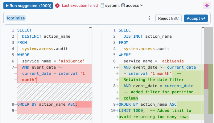 Una consulta optimizada generada mediante el comando /optimize con Genie Code