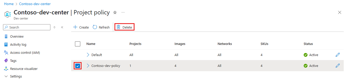 Captura de pantalla que muestra el botón Eliminar de una directiva de proyecto en Azure Portal.