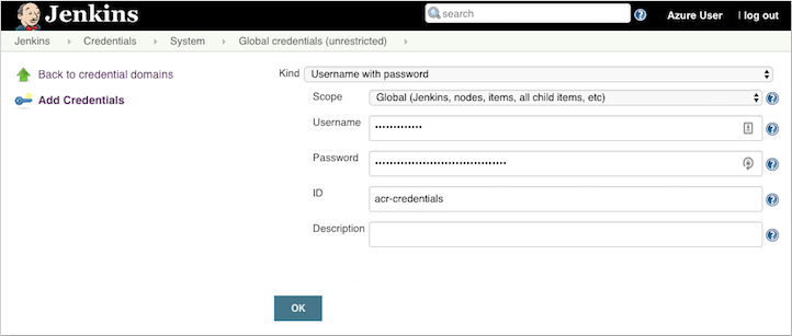 Crear un objeto de credencial de Jenkins con la información del principal de servicio