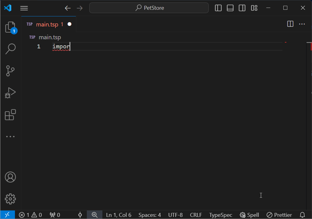 Animación de pantalla de la extensión Visual Studio Code para TypeSpec que proporciona autocompletado y resaltado de sintaxis.