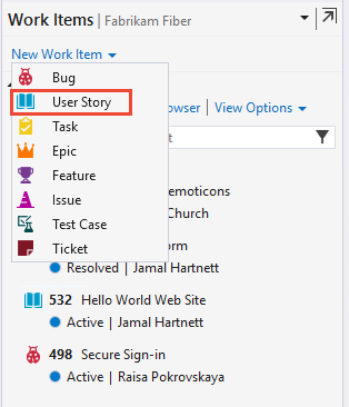 Captura de pantalla de Visual Studio, Centro de elementos de trabajo, Nuevo elemento de trabajo, elija User Story.
