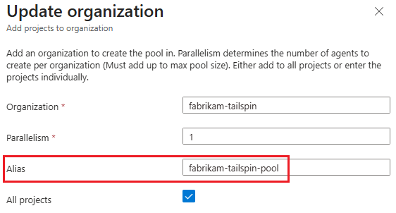 Captura de pantalla que muestra cómo configurar un alias de grupo para varias organizaciones.
