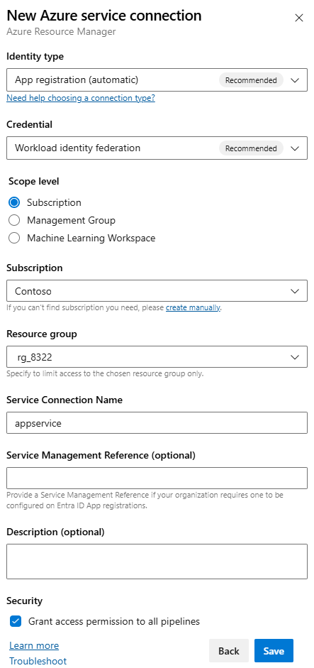 Captura de pantalla del cuadro de diálogo Nueva conexión de servicio de Azure.