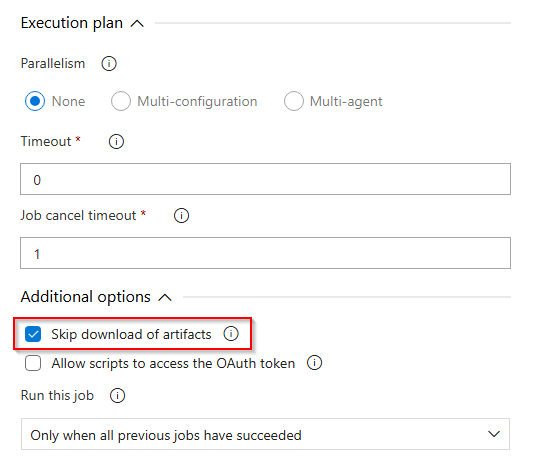 Una captura de pantalla que muestra cómo saltarse la descarga automática de artefactos en un pipeline de lanzamiento clásico en Azure DevOps Server.