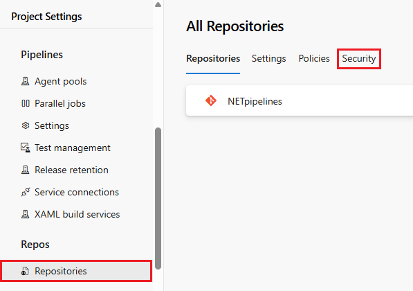 Captura de pantalla que muestra la selección de Seguridad para repositorios. 