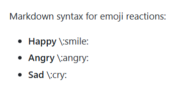 Captura de pantalla que muestra cómo escapar la sintaxis de emoji en Markdown mediante el carácter de barra diagonal inversa '\'.