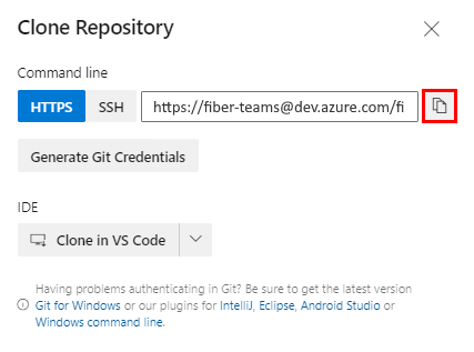 Captura de pantalla de la ventana emergente Clonar repositorio en el sitio del proyecto de Azure DevOps.