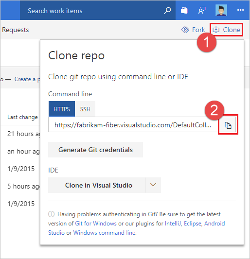 Búsqueda de la dirección&nbsp;URL de clonación del repositorio Git en Azure Repos