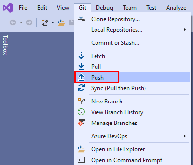 Captura de pantalla de la opción Push del menú Git de Visual Studio