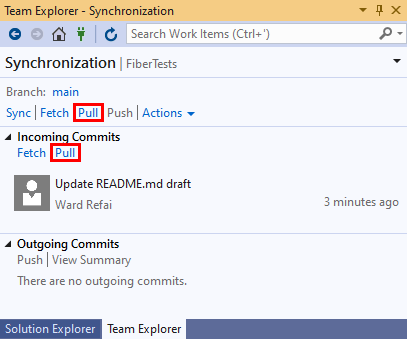 Captura de pantalla del vínculo para hacer Pull en la vista Sincronización de Team Explorer en Visual Studio 2019