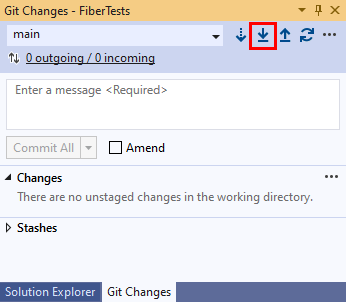 Captura de pantalla del botón Extraer de la ventana Cambios de Git de Visual Studio 2019.