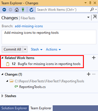 Captura de pantalla de un elemento de trabajo vinculado a una confirmación en la vista Cambios de Team Explorer en Visual&nbsp;Studio&nbsp;2019.