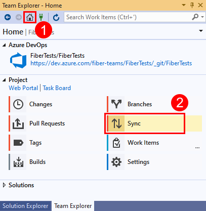 Captura de pantalla de la opción Sincronización en Team Explorer en Visual&nbsp;Studio&nbsp;2019.